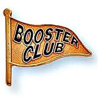 A golden pin flag with the words Booster Club written on it in black